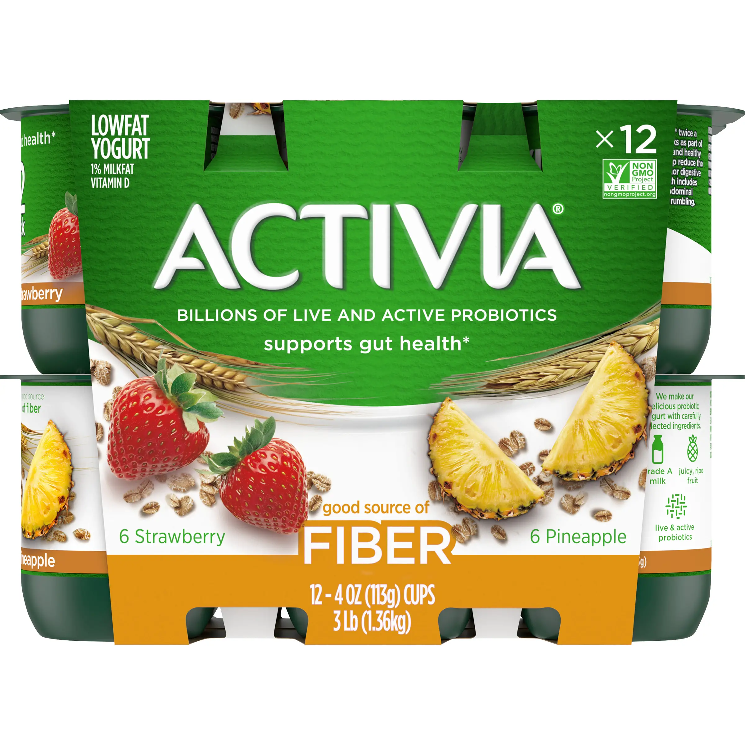 Activia Lowfat Fiber Strawberry &  Pineapple Probiotic Yogurt, 4oz., 12 ...