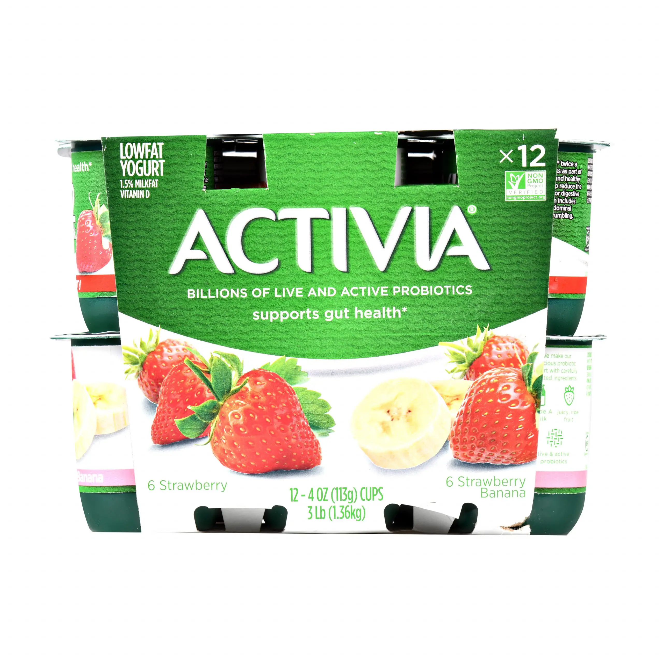 Activia Lowfat Strawberry/Strawberry Banana Probiotic Yogurt, 4 oz, 12 ...