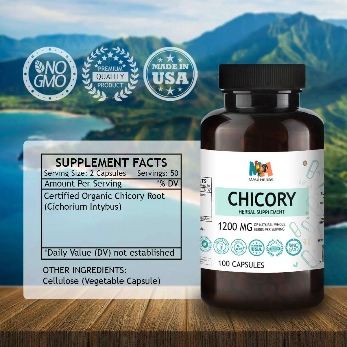 Chicory 100 Vegan Capsules, 1200MG, Organic Chicory Root (Cichorium ...