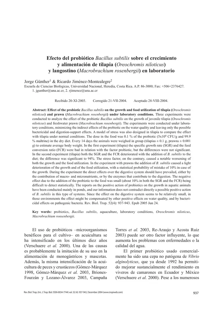 Effect of the probiotic Bacillus subtilis on the growth ...